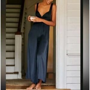 Anthropologie Black Satin Wide Leg Jumpsuit Plunge Open Back Silky Strappy L